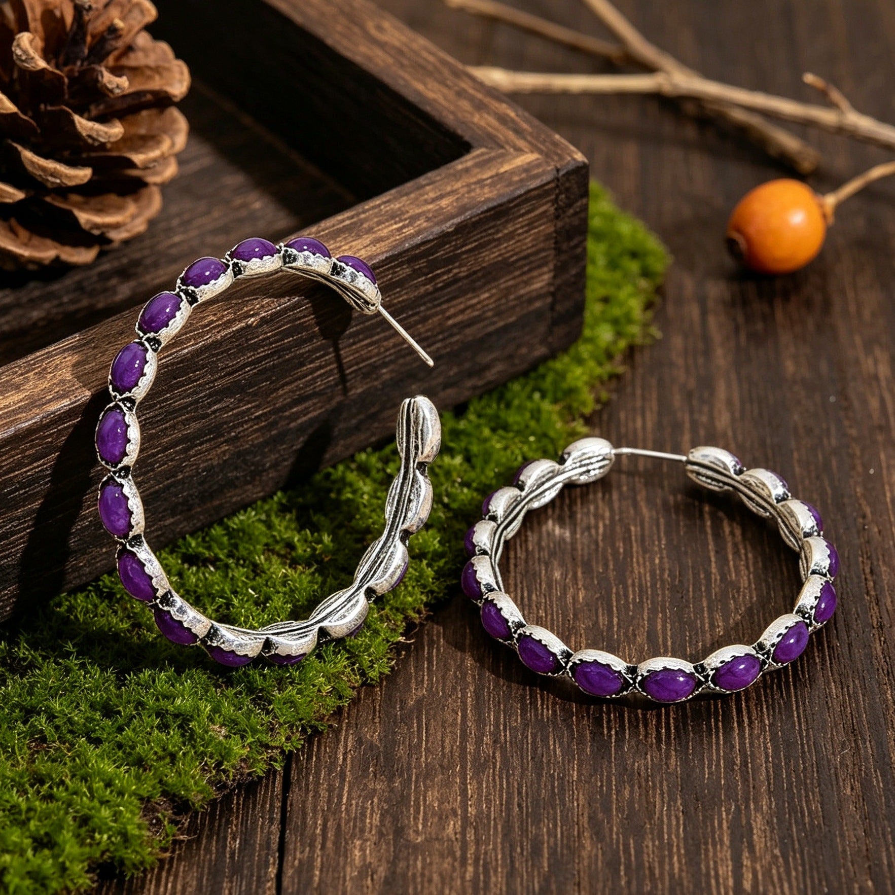 Wholesale Vintage Bohemian Large Hoop C Shape Alloy Earrings In Purple Turquoise Style Party Wear Fashion Accessory