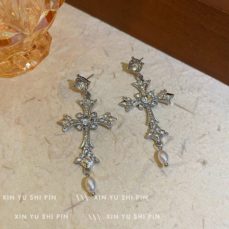 Wholesale Zircon Cross Earrings With Pearl Drop Retro Chic Everyday Wear For Women