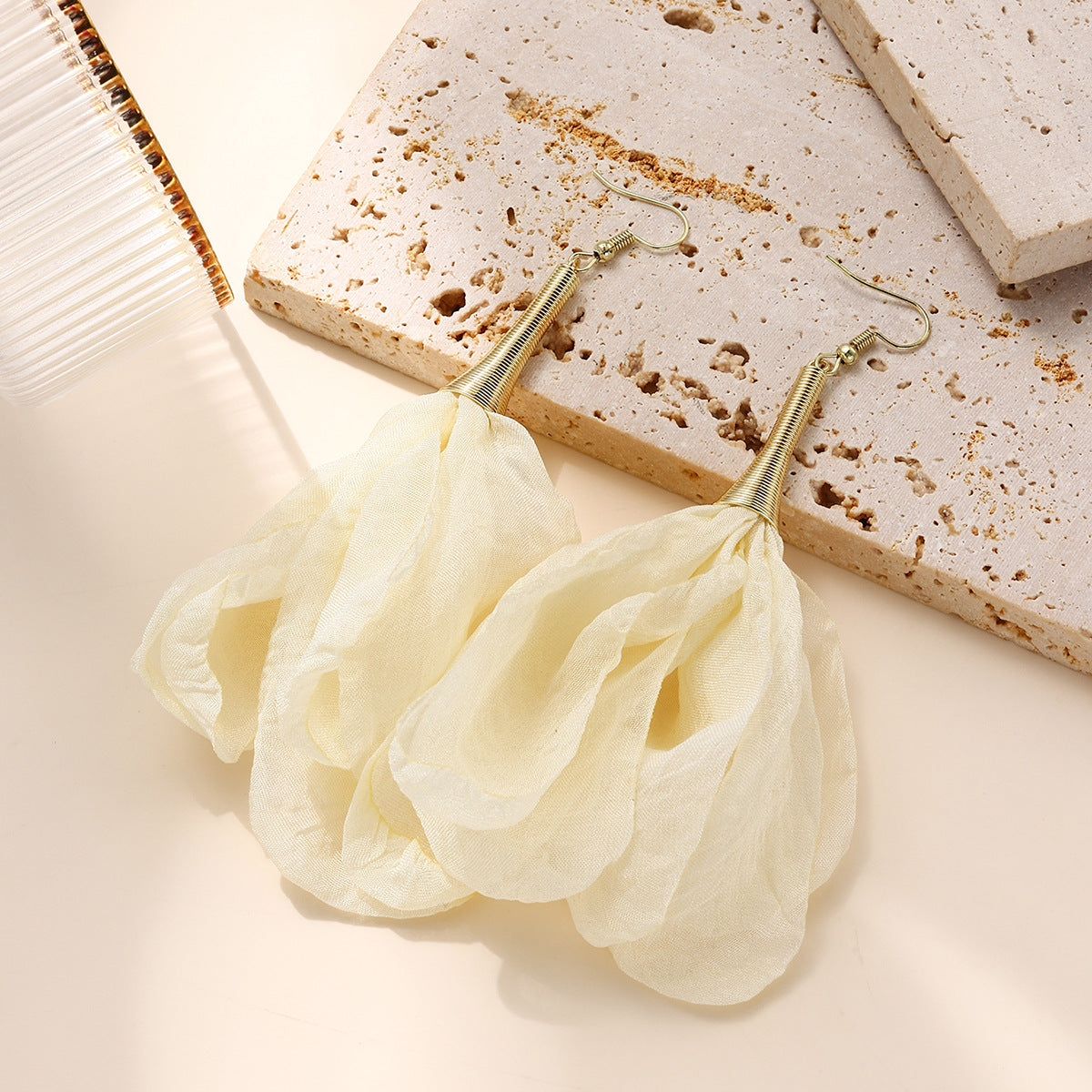Wholesale  light yellow Gauze Flowers Exaggerated Large Earrings