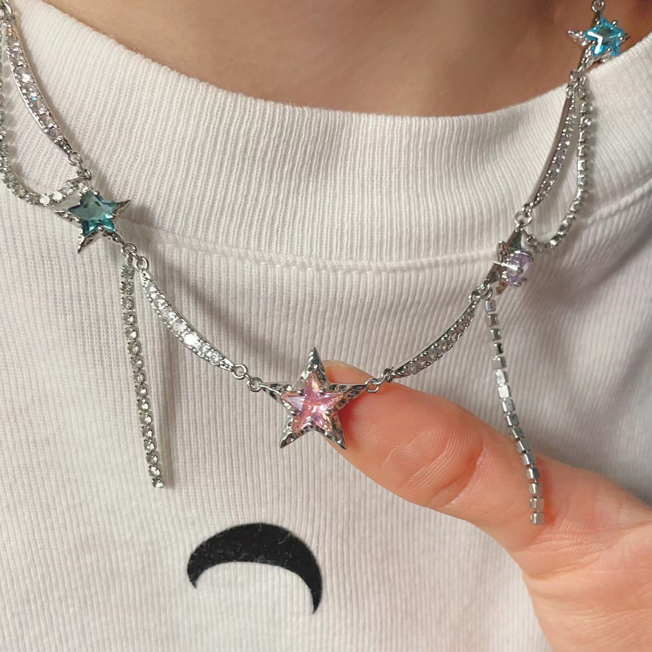 Wholesale Colorful zircon star long tassel necklace