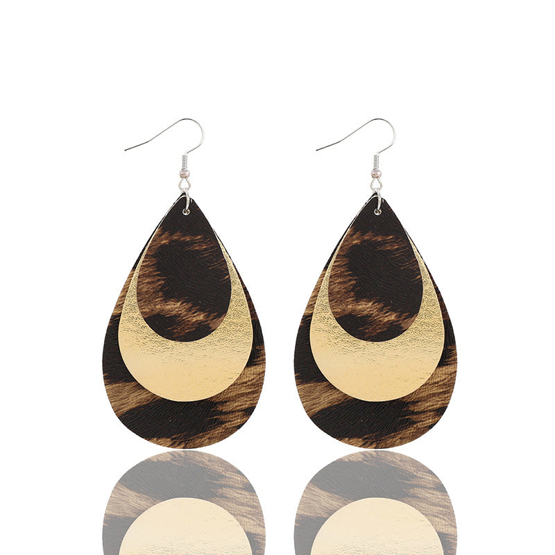 Wholesale  retro three-layer water drop leopard leather earrings