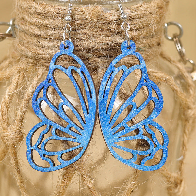 Wholesale Symmetrical Exquisite Butterfly Wings Hollow Tie-Dye Gradient  Wooden Earrings