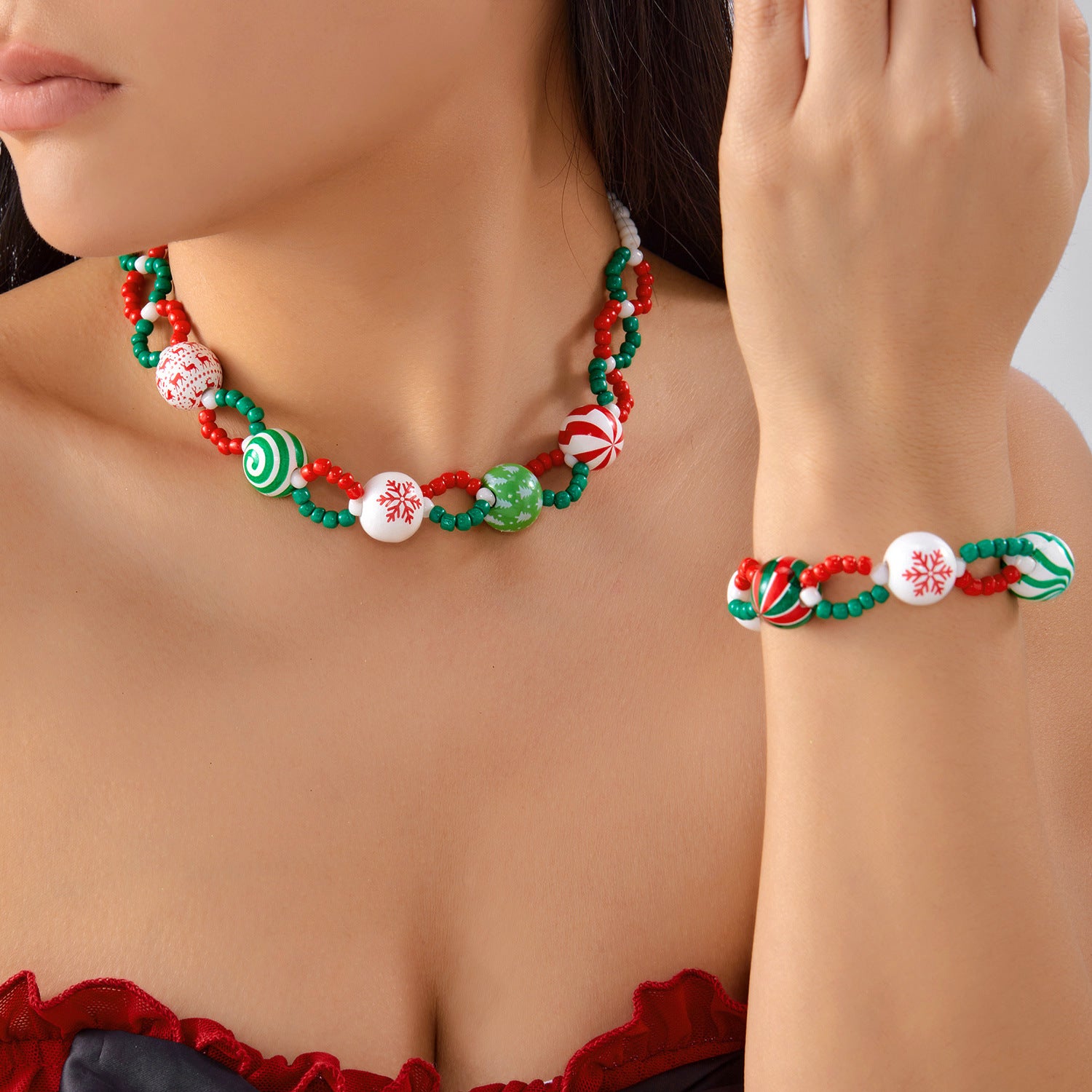 Wholesale Christmas featuring candy-themed designs beaded bracelet necklace set