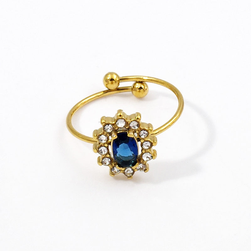 Wholesale Adjustable Flower Design Stainless Steel Open Ring with Colored Gemstones Fashion Jewelry Accessory
