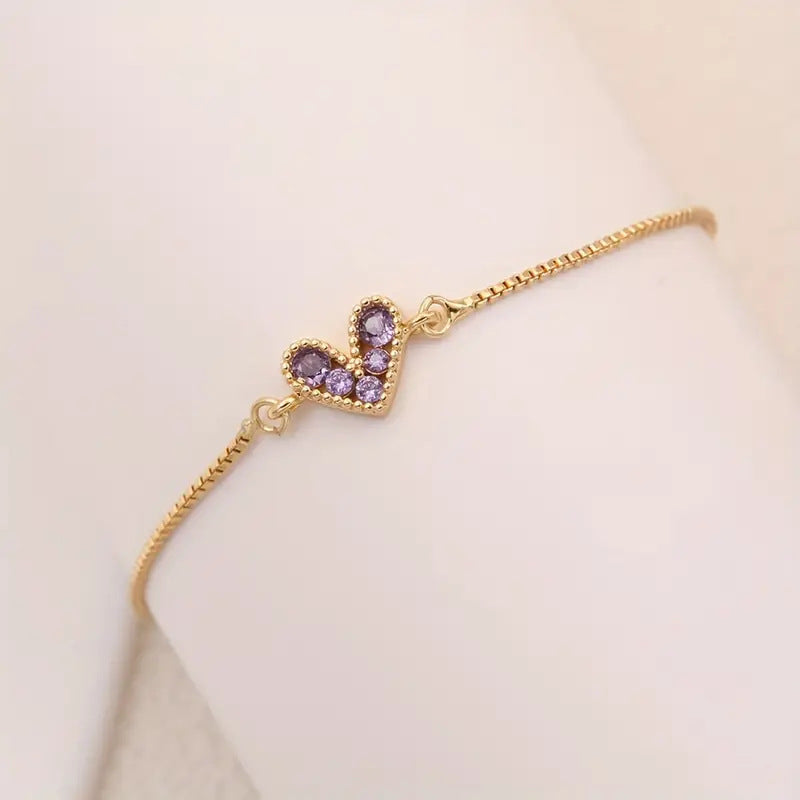 Wholesale Copper heart-shaped bracelet with zircon embellishments and adjustable sliding clasp