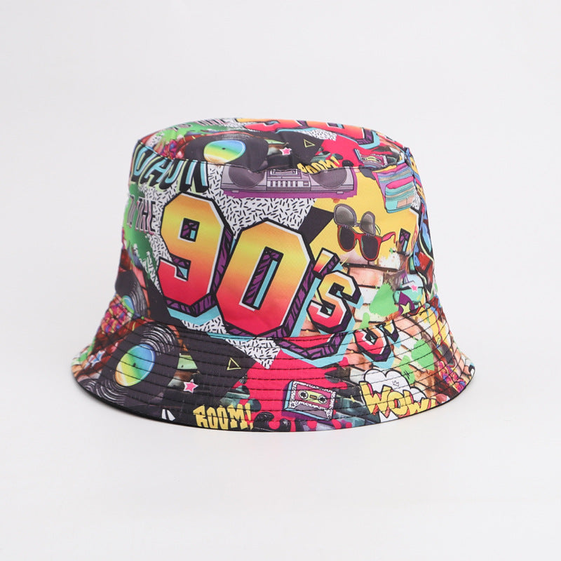 Wholesale  retro printed 80s 90s fisherman hat  double-sided basin hat outdoor bucket hat