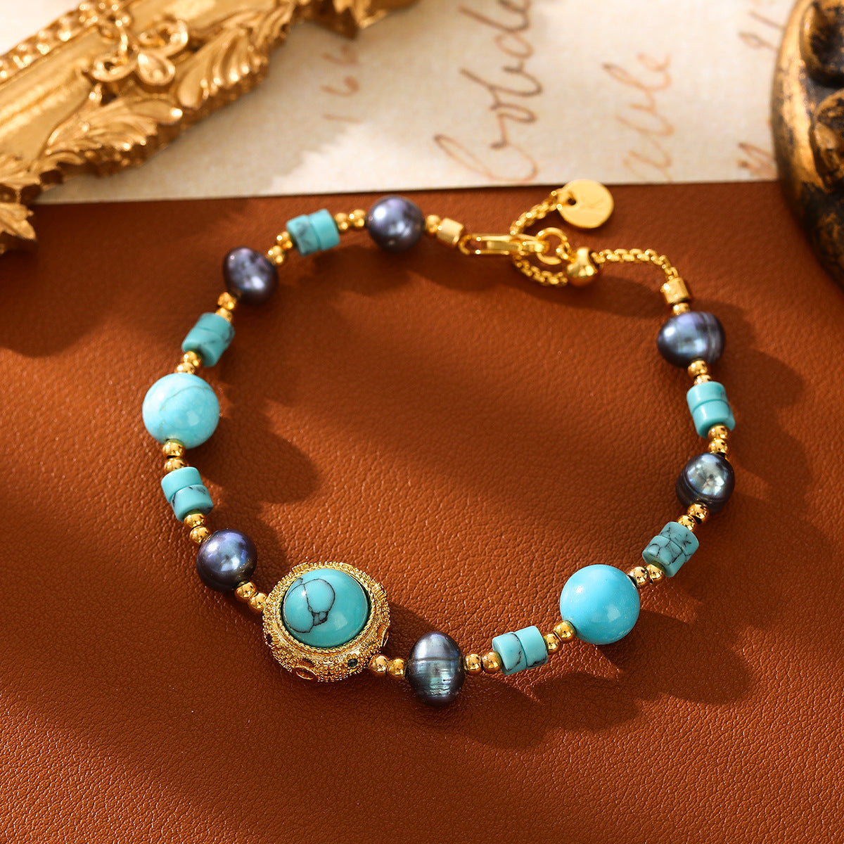 Wholesale Copper Electroplated Turquoise Rose Pearl Beaded Necklace and Bracelet Set,  Ethnic Style Fashion Accessory for Women