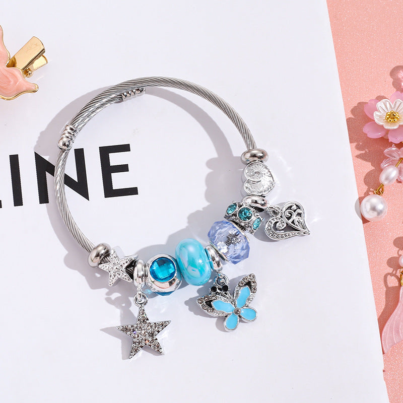 Wholesale Pentagram Butterfly Rhinestone Beaded Stainless Steel Bracelet ACC-BT-QingLian004