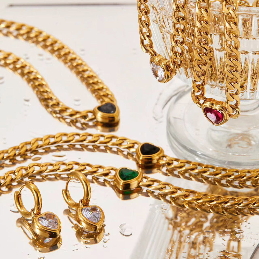 Wholesale Stainless steel heart-shaped zircon pendant necklace bracelet earrings jewelry suit