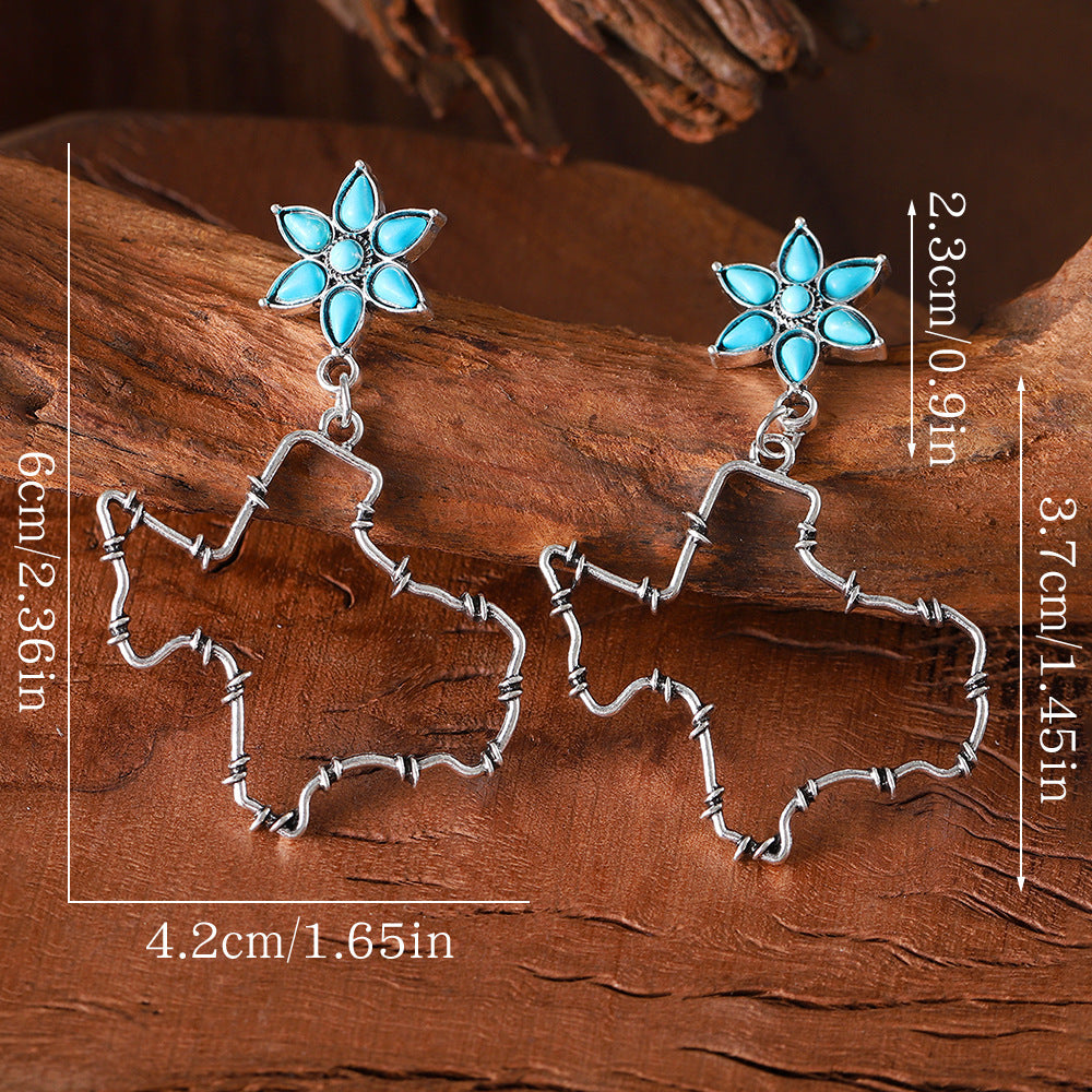 Wholesale Western Style Old Texas Flower Turquoise Inlaid Earrings