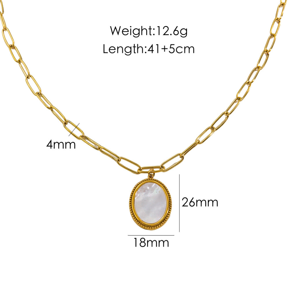 Wholesale Thick chain titanium steel pendant necklace 14K gold inlaid shell natural stone necklace