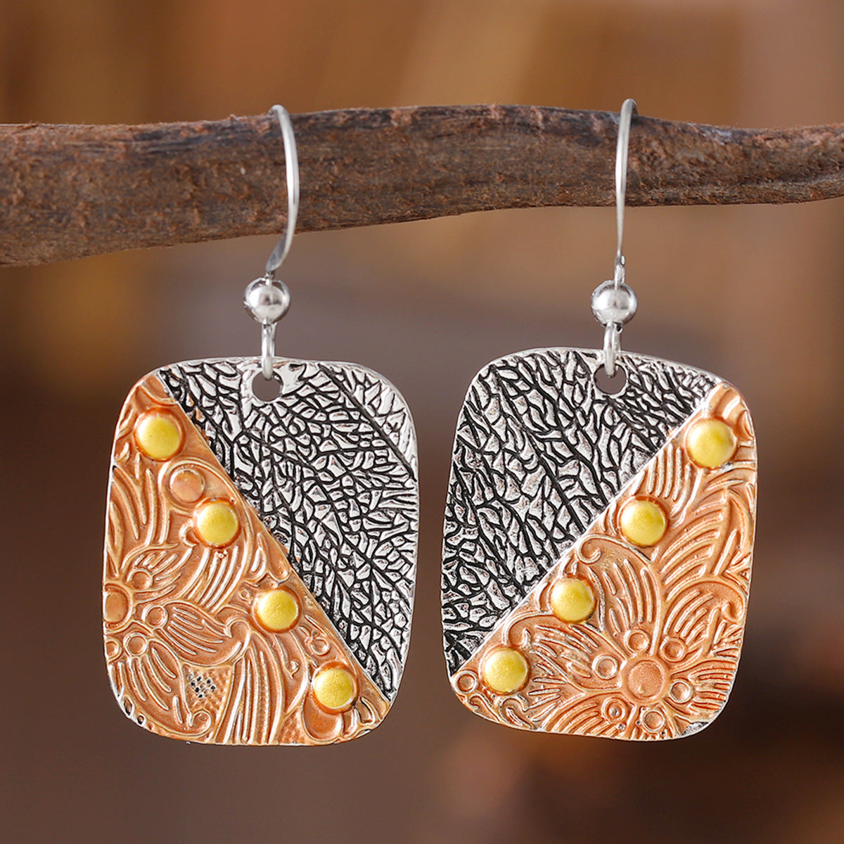 Wholesale Retro Old Carved Vein Pattern Geometric Square Earrings