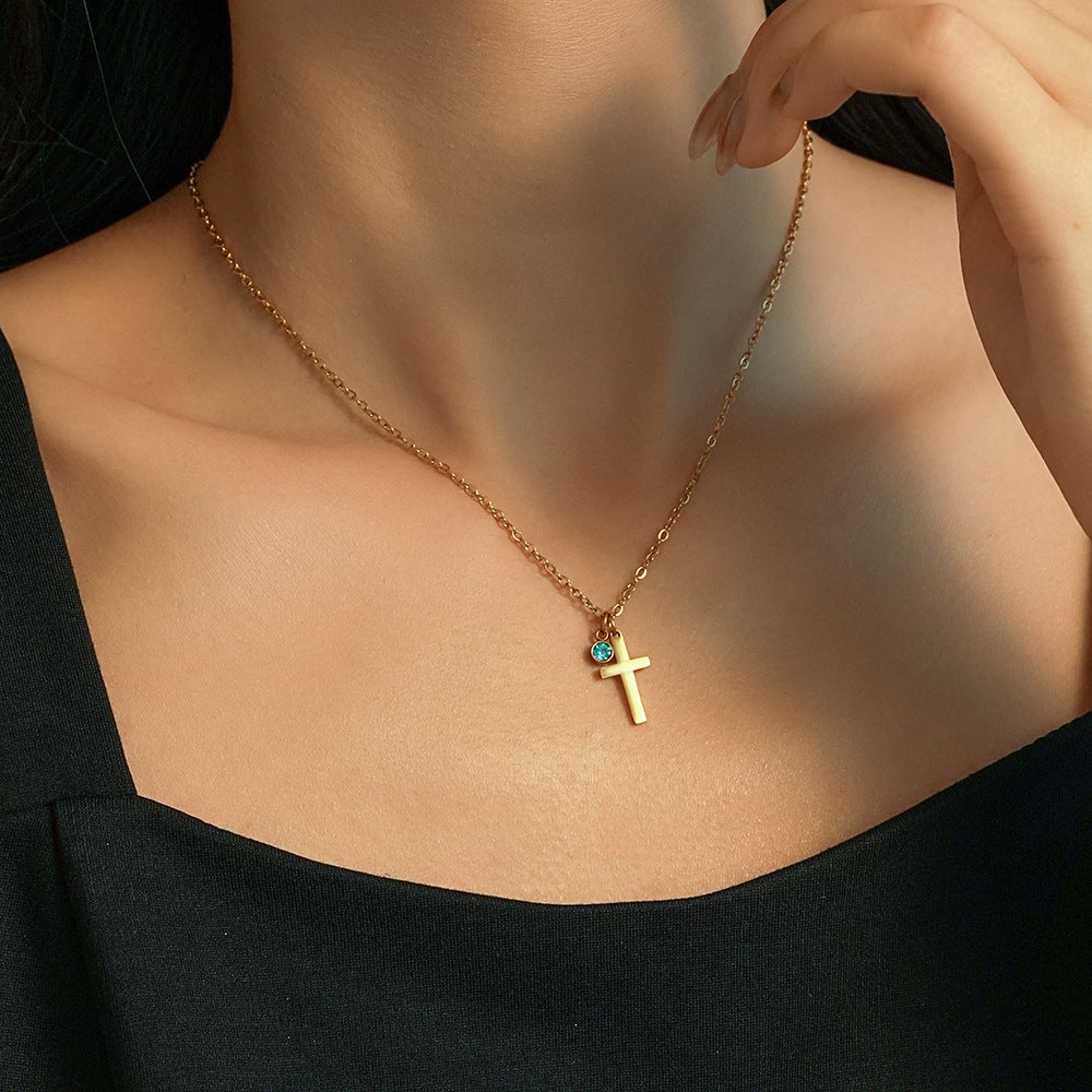 Wholesale Titanium Steel  Classic Twelve Constellations Birthstone Rhinestone Devil's Eye Cross Necklaces