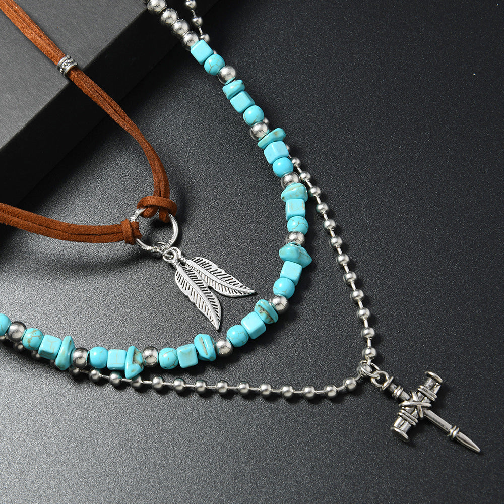 Wholesale 3 Piece Vintage Multi Layer Beaded Cross Pendant Necklaces For Women Leather Cord Geometric Charm Jewelry Fashion Accessory Boutique Resale