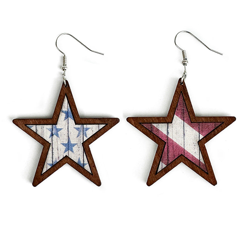 Wholesale American Independence Day Western Style Pentagram Wooden Earrings ACC-ES-XinChuan015