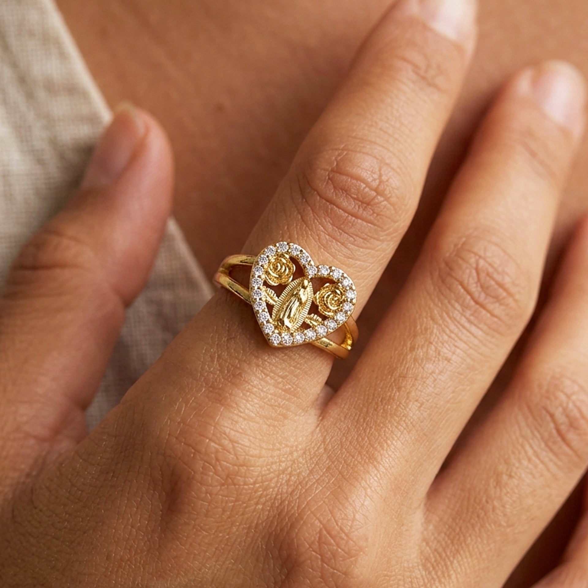 Wholesale TK trendy gold-plated bronze religious heart-shaped flower Virgin Mary open ring for ladies.