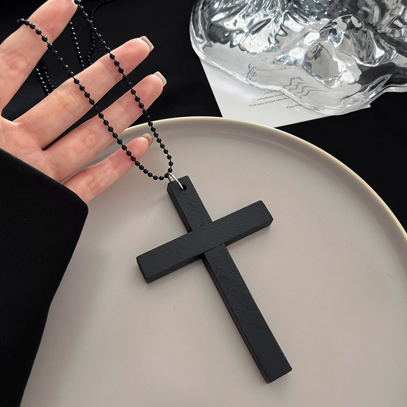 Wholesale Black Wooden Cross Pendant Necklace Edgy Subculture Layering Collarbone Chain Handmade Everyday Jewelry Accessory