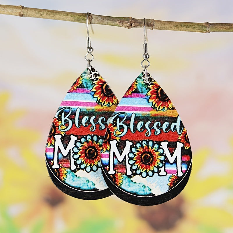 Wholesale Mother's Day MAMA Rainbow Bridge Leopard Print Spotted Sunflower Leather Earrings