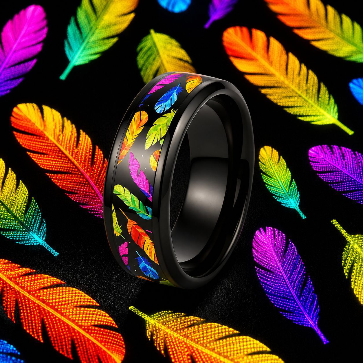 Wholesale Rainbow Feather Print Stainless Steel Ring European American Style Fashion Jewelry Accessory