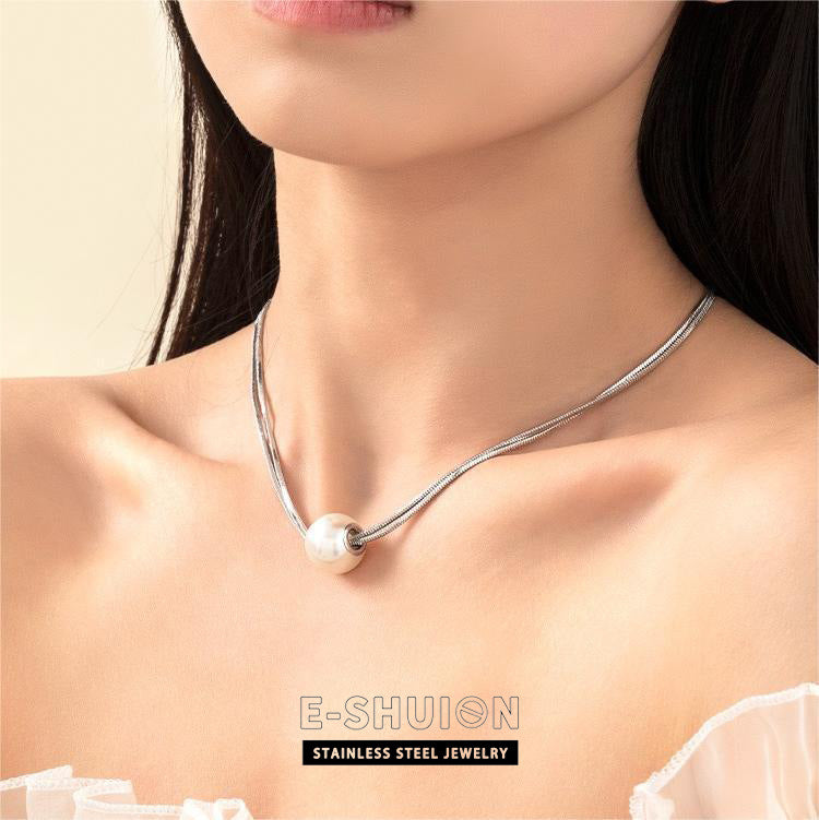 Wholesale Double Layer Stacking Pearl Titanium Steel Necklace ACC-NE-YiSheng002