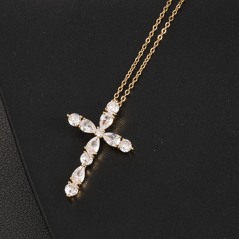 Wholesale Copper Electroplated Cross Pendant Necklace Colorful Zircon Geometric Religious Faith Fashion Accessory