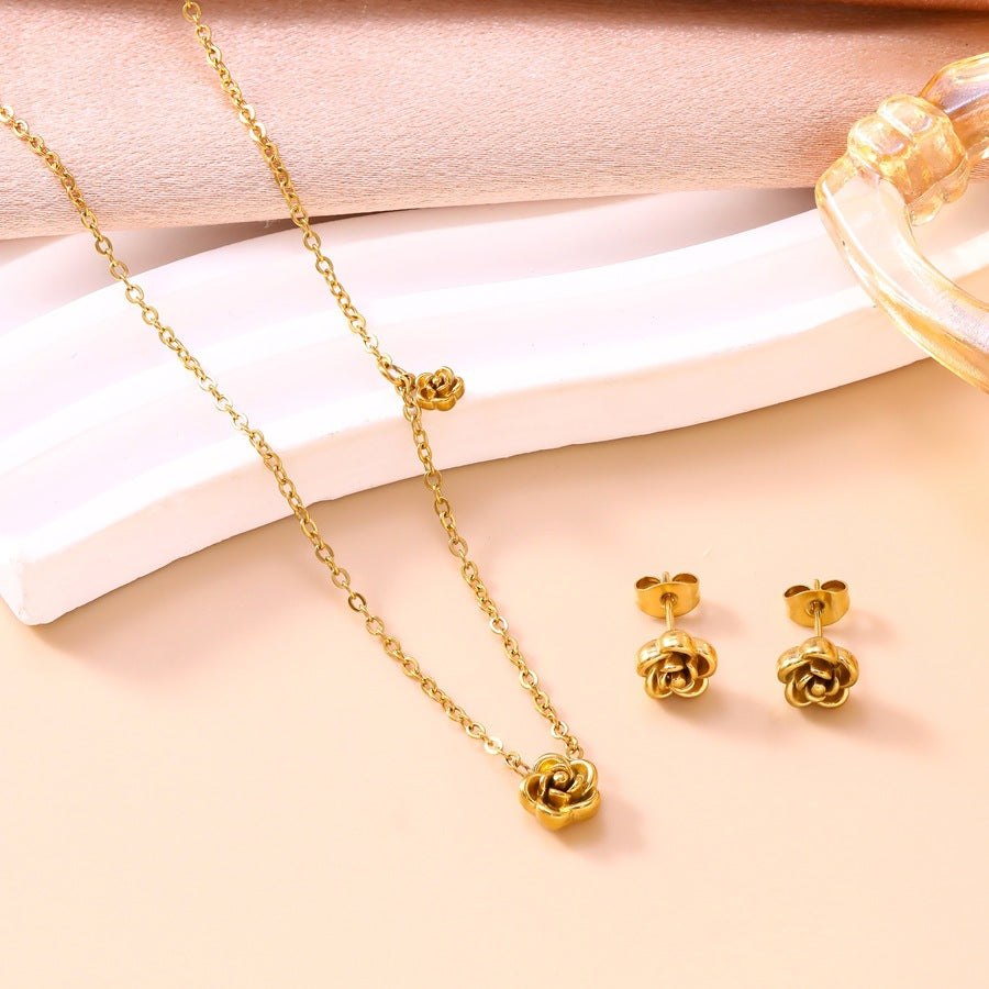 Wholesale Stainless Steel Electroplated 3D Camellia Flower Necklace and Earring Set Jewelry Gift for Women