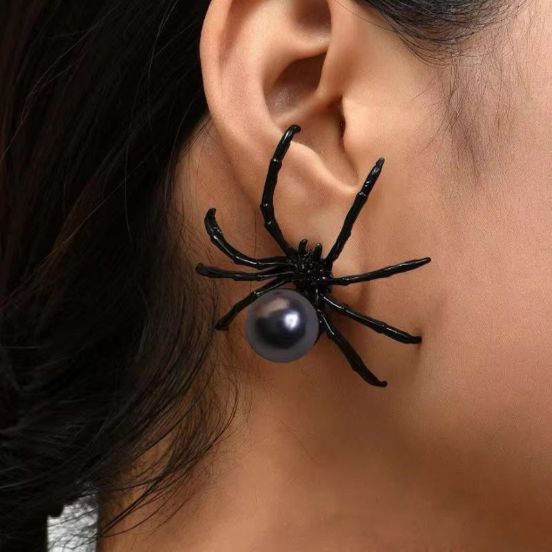 Wholesale Halloween Light Luxury Black Pearl Spider Earrings