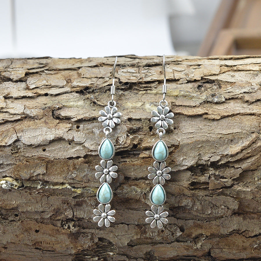 Wholesale Vintage Long Tassel Flower Earrings For Women Antique Silver With Turquoise Inlay Fashion Jewelry Accessory