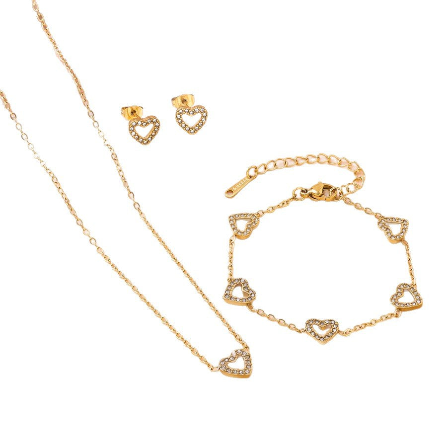 Wholesale Light Luxury Diamond-Encrusted Hollow Heart Jewelry Set - Titanium Steel Bracelet,  Necklace,  Earrings,  Boutique Resale Gift