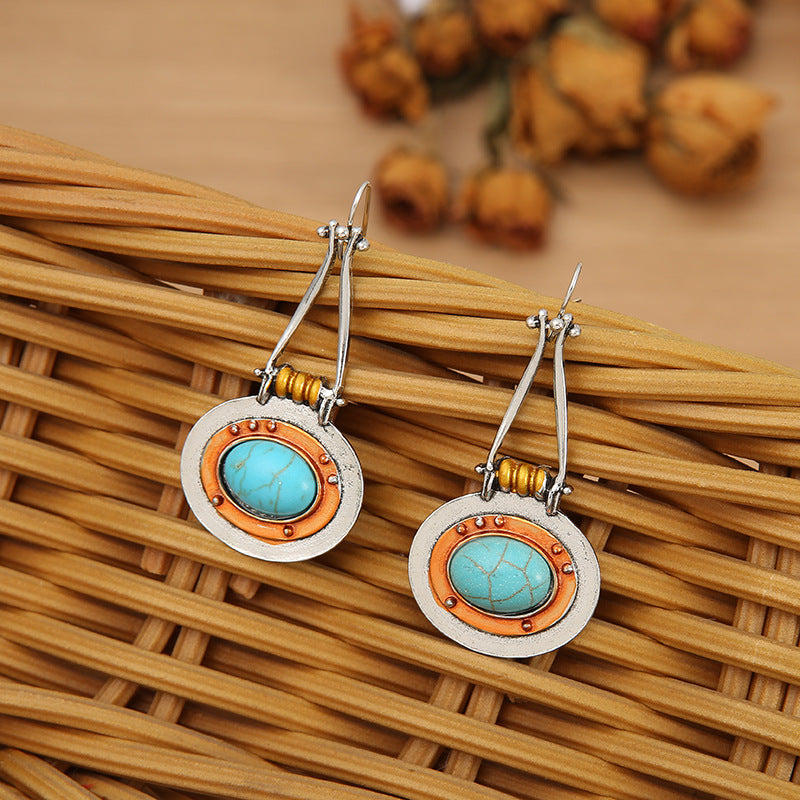 Wholesale Stylish Retro Oval Turquoise Double Color Alloy Earrings Jewelry Accessory