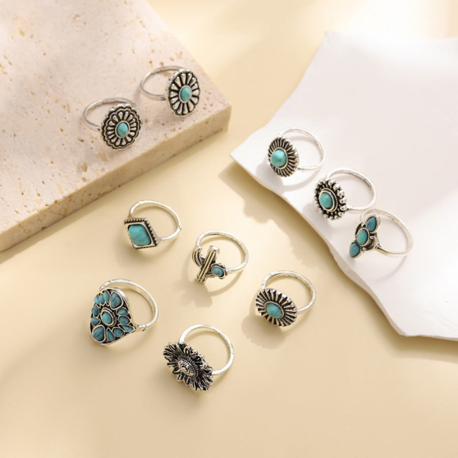 Wholesale retro exaggerated geometric flowers turquoise water drop rings
