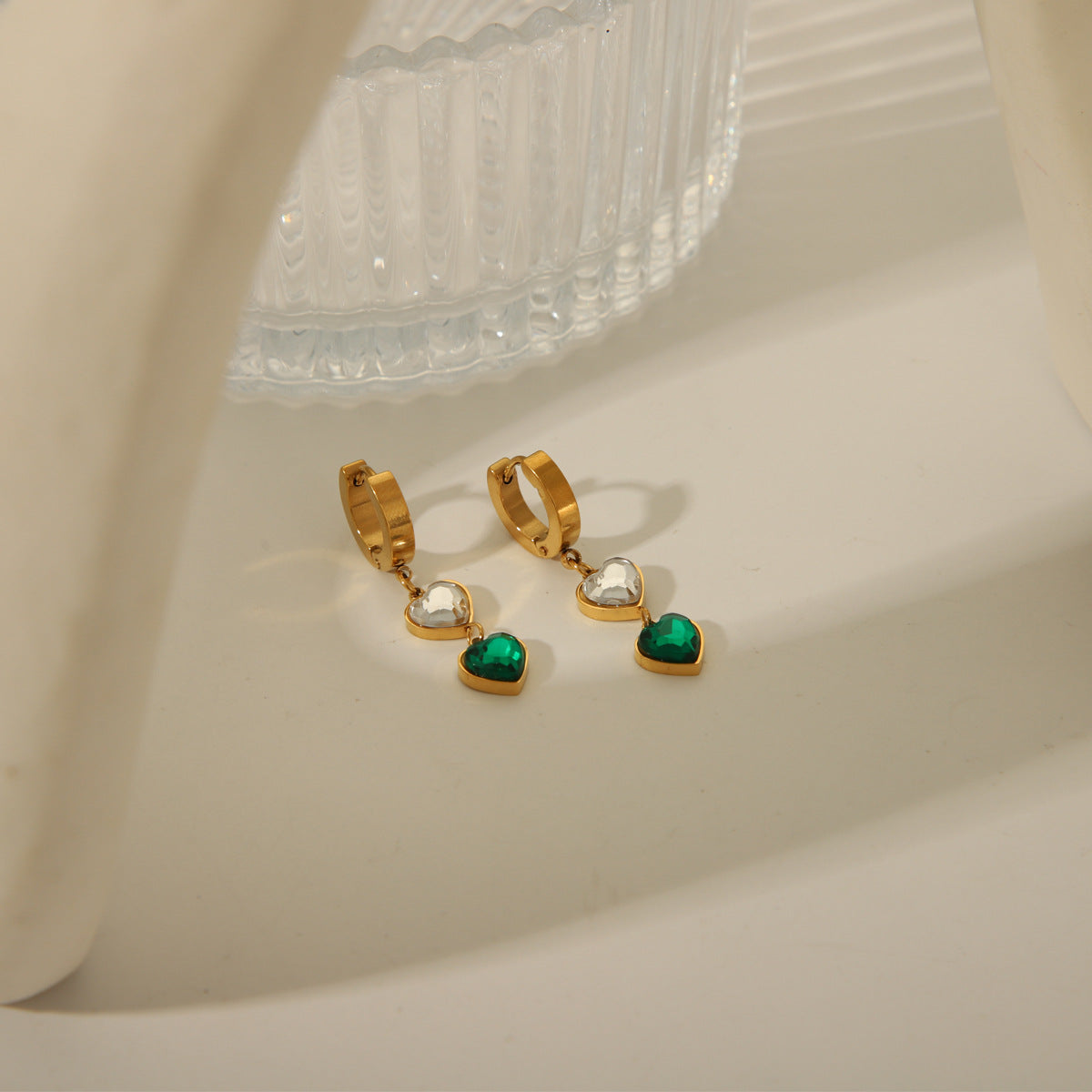 Wholesale St. Patrick's Day Two-color Zircon Heart 18K Real Gold Stainless Steel Earrings