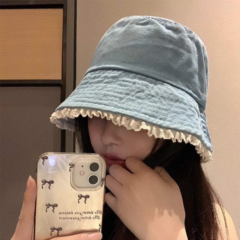 Wholesale Cute bucket hat with lace trim denim sun protection bucket hat