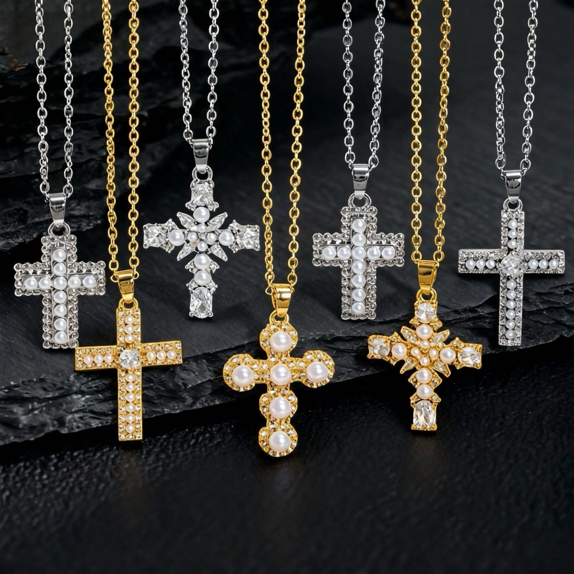 Wholesale Copper Cross Pendant Necklace With Micro Set Zircon And Pearl Chic Fashion Jewelry Accessory Gift For Women Boutique Resale