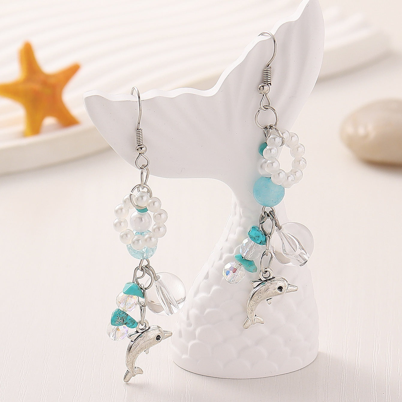 Wholesale Beaded Handmade Rhinestone Dolphin Colored Rice Bead Earrings