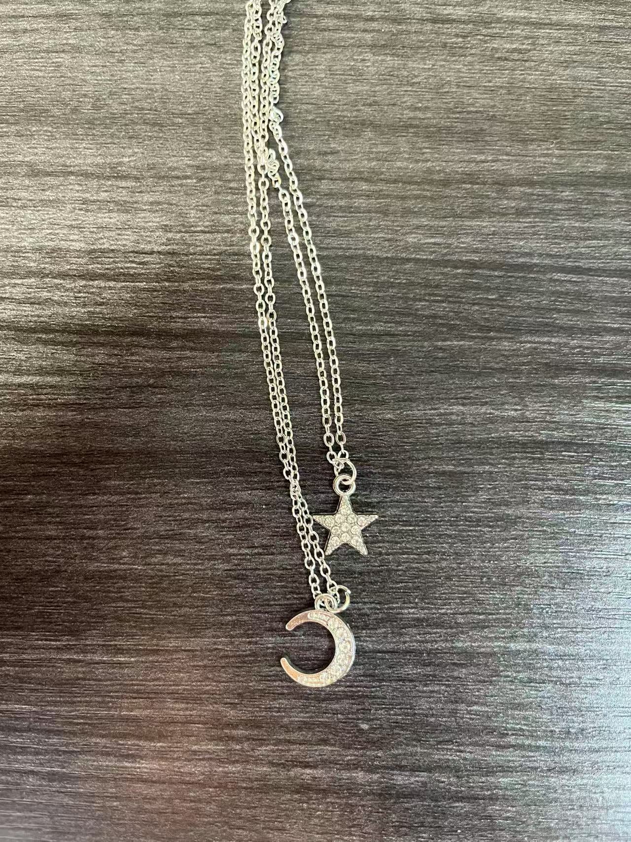 Wholesale  silver Flash Diamond Star Moon Double Layer Necklace