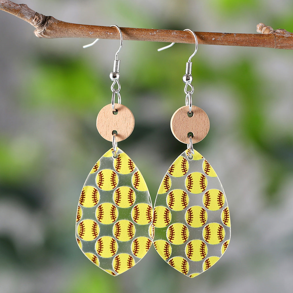 Wholesale Sports style yellow and white baseball softball water drop stitching earrings