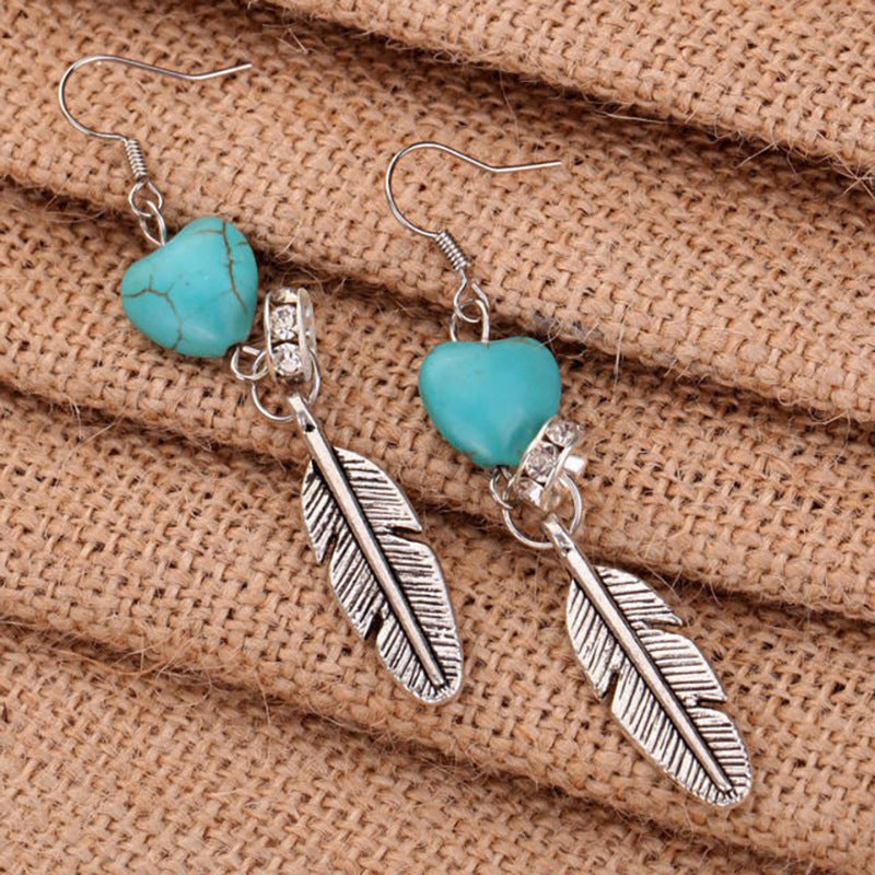 Wholesale Zinc Alloy Turquoise Heart Feather Drop Earrings Boho Style Jewelry Accessory Gift