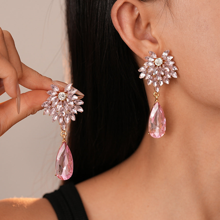 Wholesale Light Luxury Diamond Water Drop Flower Silver Pin Earrings