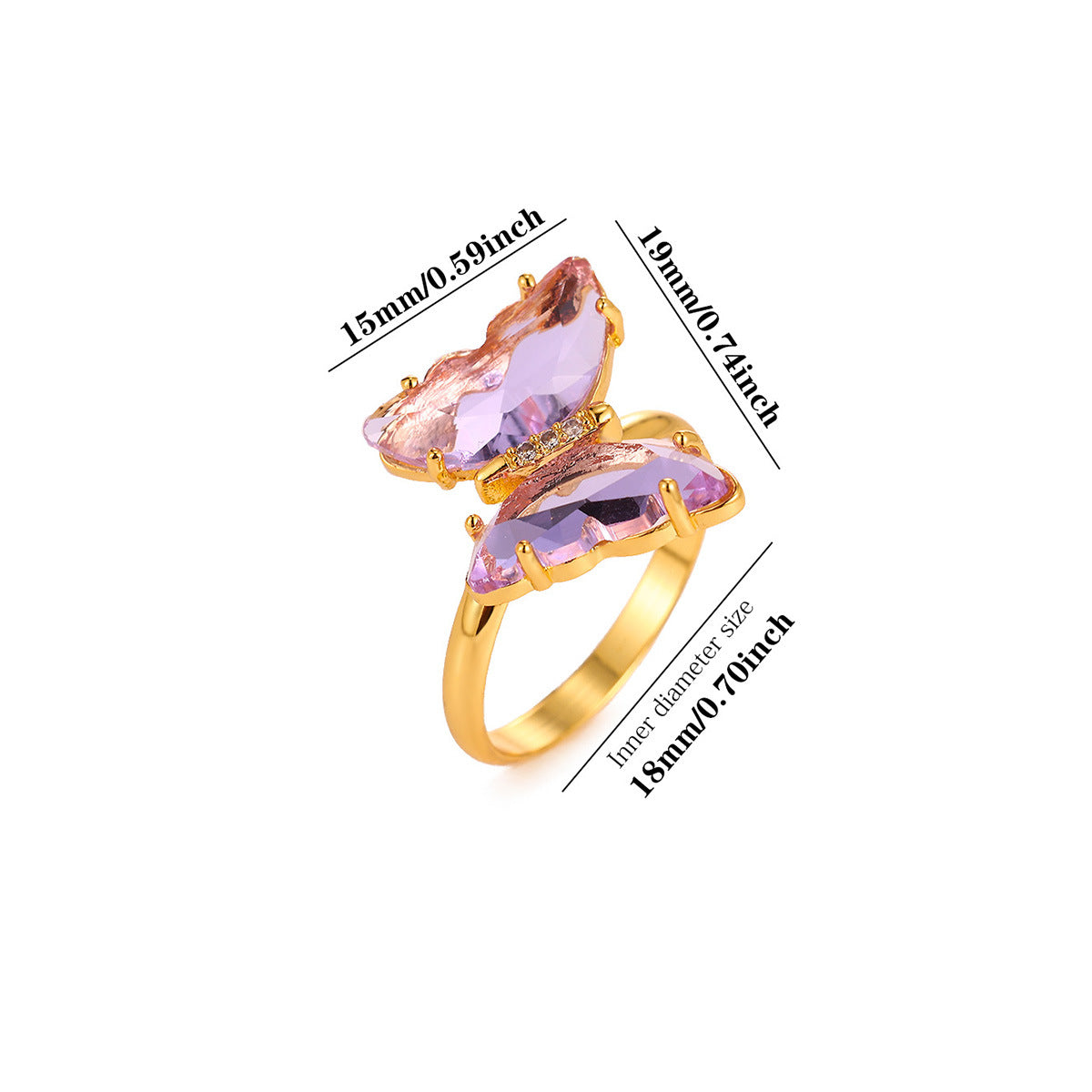 Wholesale Heart Shape Purple Bow Zircon Ring 18K Gold Plated Fashion Accessory Gift for Women Boutique Resale