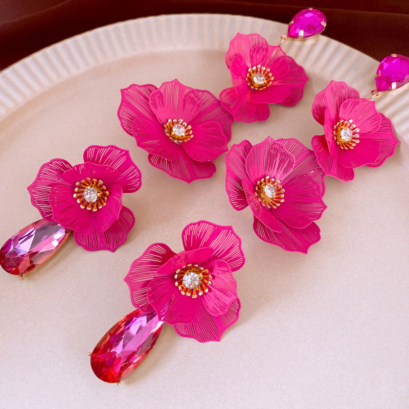 Wholesale  Diamond-encrusted Flower Water Drop Tassel Steel Pin Ear Studs