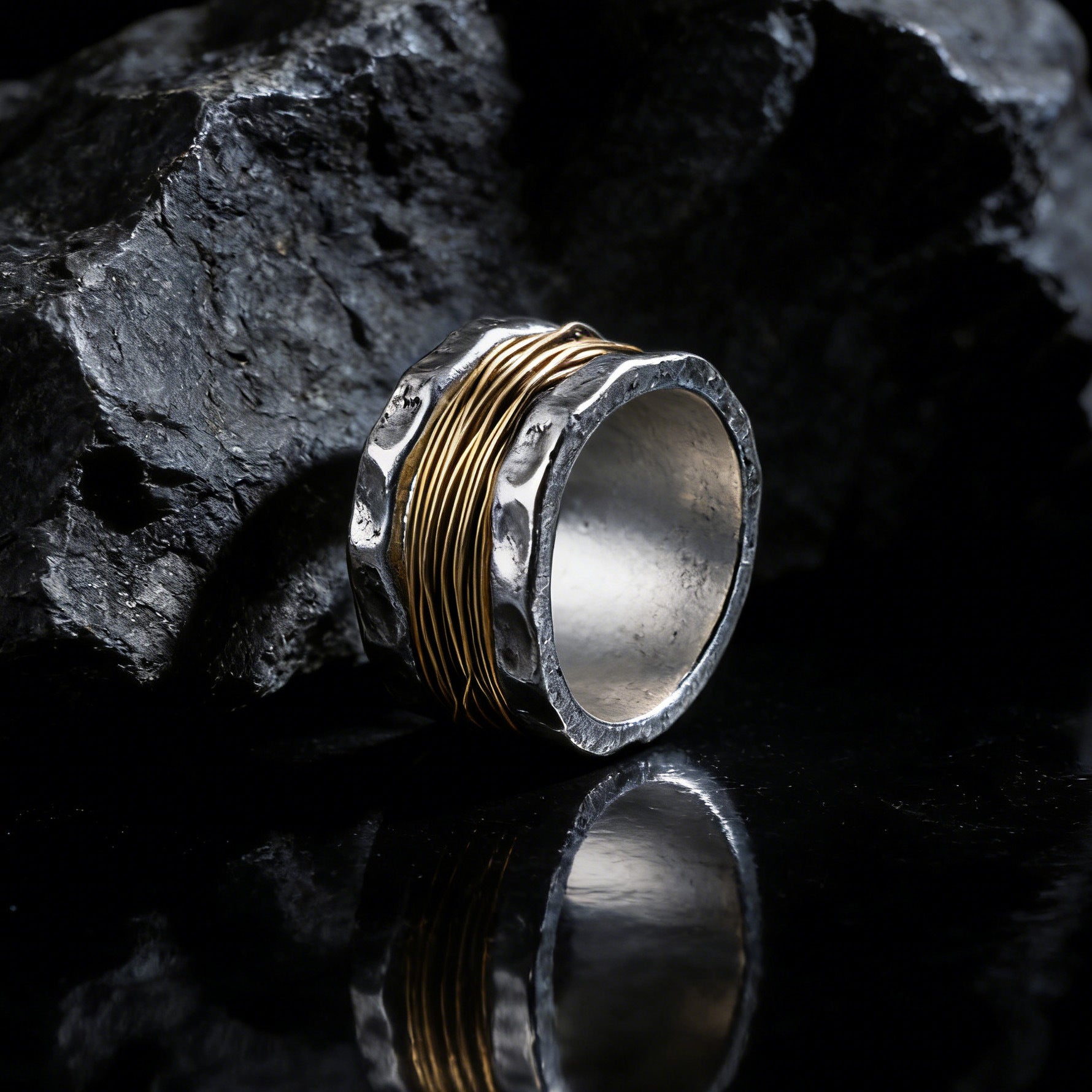 Wholesale Wide-faced two-tone wrapped copper wire ring