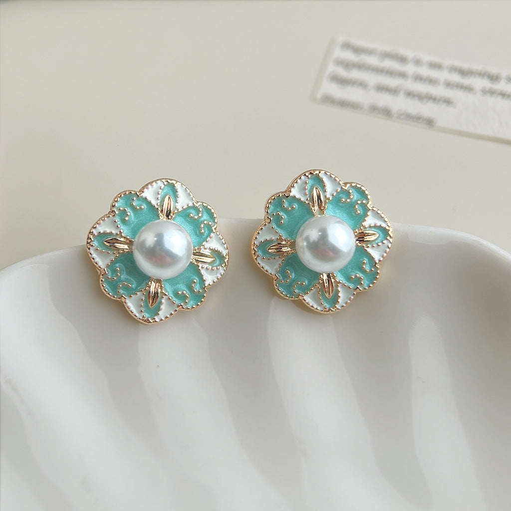 Wholesale Copper Blue Enamel Drip-Glazed Flower Earrings,  Fresh Floral Pearl Studs,  Fashion Accessory