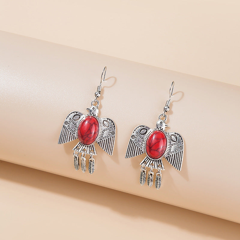 Wholesale Bohemian Owl Dream Catcher Feather Tassel Earrings Turquoise Geometric Carved Fashion Accessory Gift