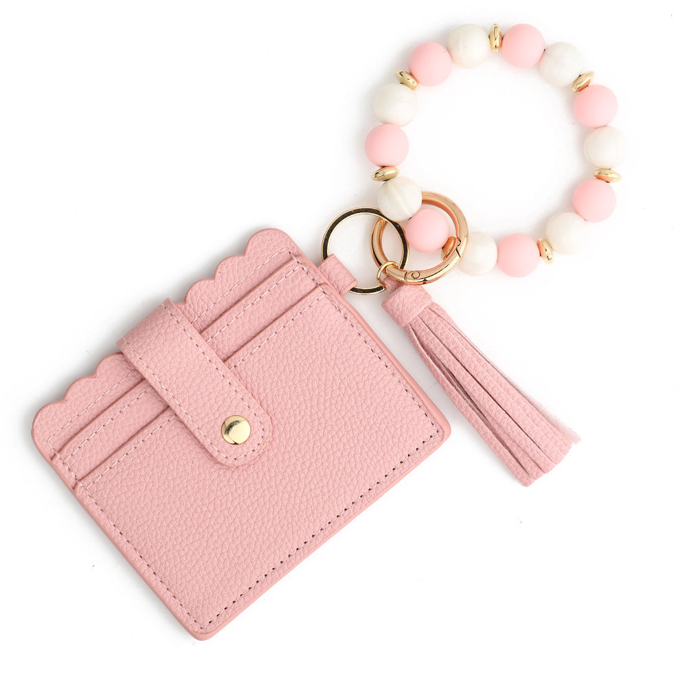Wholesale  PU  wallet silicone bead bracelet card holder Wristlet Keychain