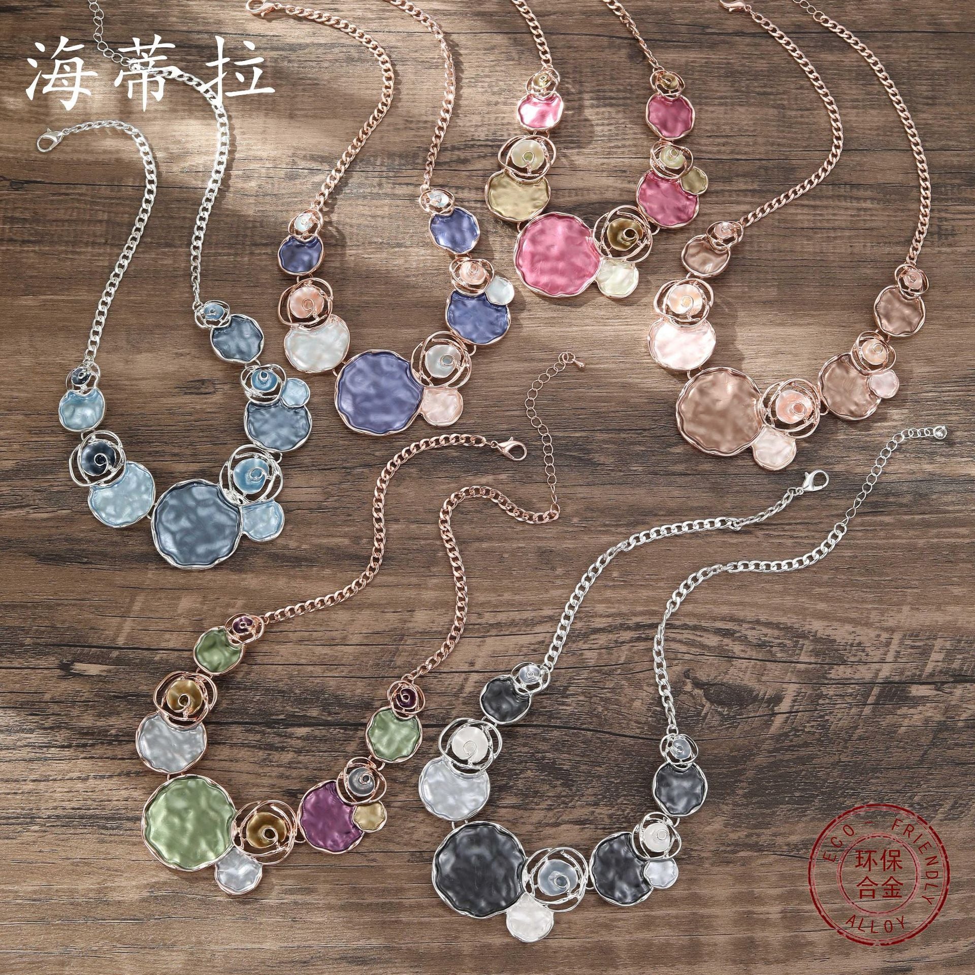 Wholesale  color painting oil rose necklace geometric hollow rose color necklace