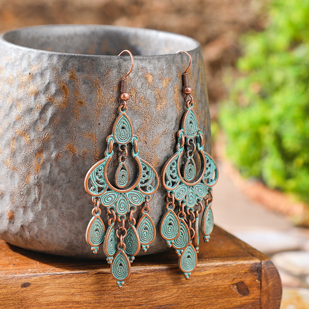Wholesale Retro Ethnic Earrings Set Alloy Geometric Turquoise Tassel Trendy Party Accessory Gift