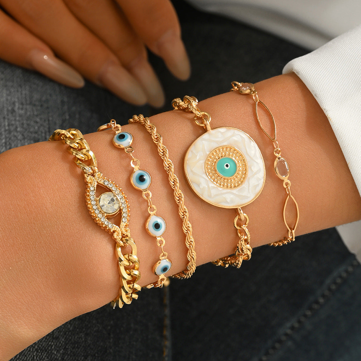 Wholesale Evil Eye Bracelet Set Vintage Blue Rhinestone Twisted Chain Jewelry Accessory For Women Boutique Resale