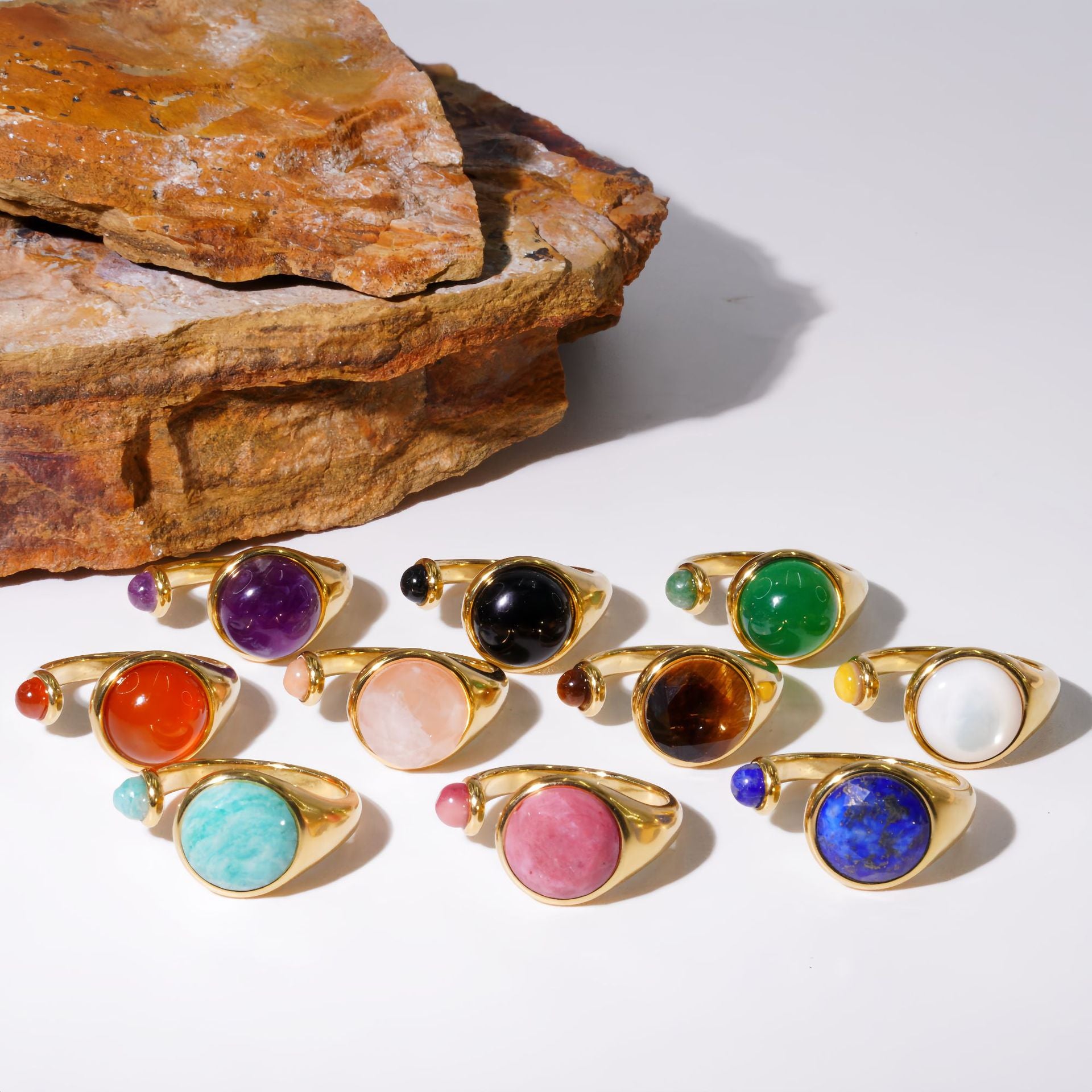 Wholesale Titanium Steel Adjustable Open Ring with Natural Stone Inlay Palace Style Jewelry Gift