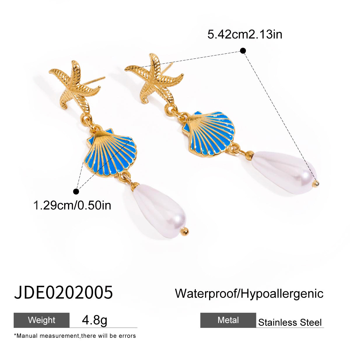 Wholesale 18K gold stainless steel starfish blue oil drop shell pearl earrings